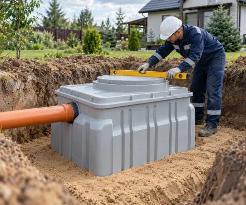 Станция в котловане на песчаной подушке, подключение трубы 110 мм и проверка уровня